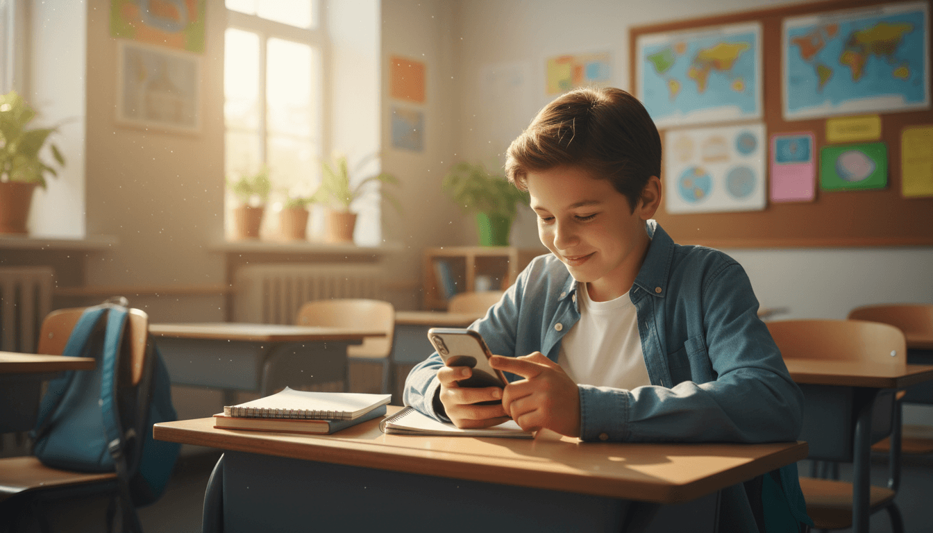 Middle school student using a smartphone while sitting at a school desk