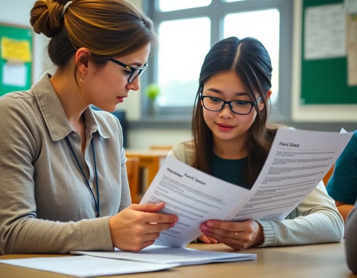 Teacher reviewing parent feedback on a printed newsletter with notes in the margin