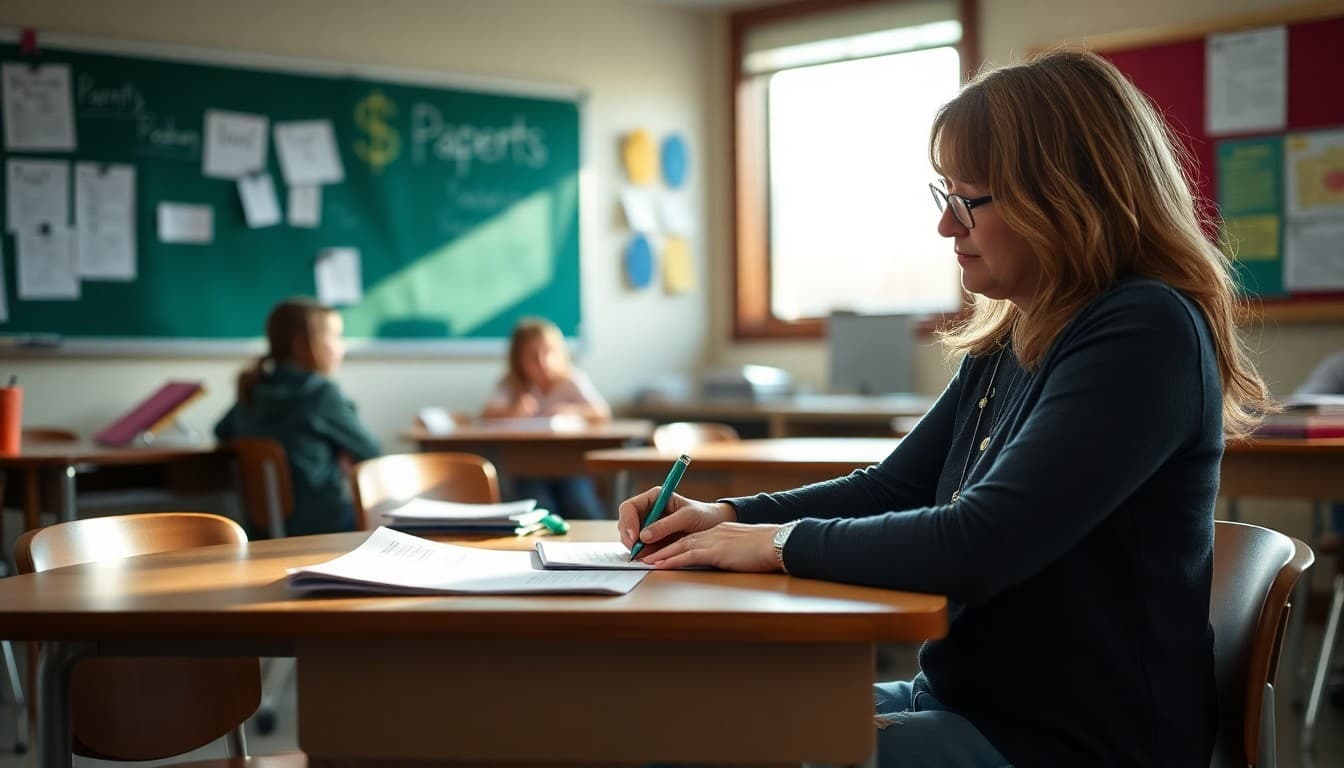 Middle school teacher in Minnesota writing newsletter for parents at classroom desk