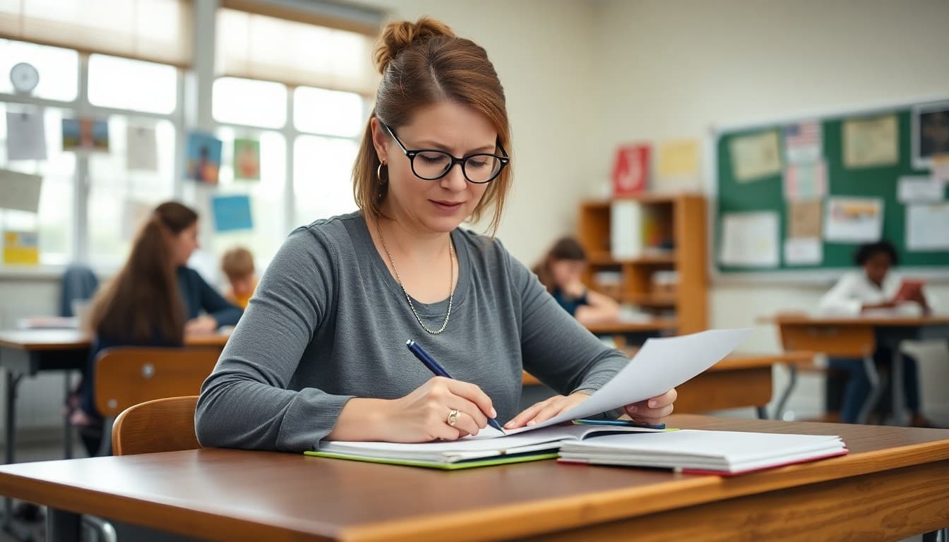 Middle school teacher in Missouri writing parent newsletter at classroom desk