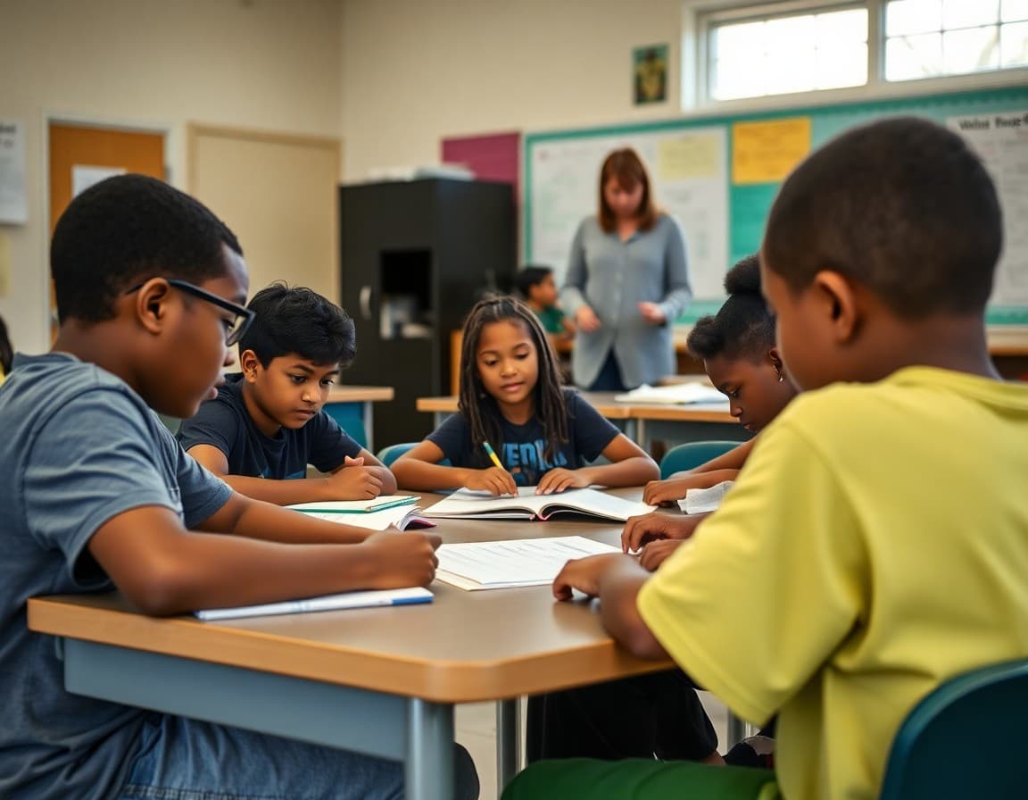 Mississippi middle school students working in groups with teacher circulating