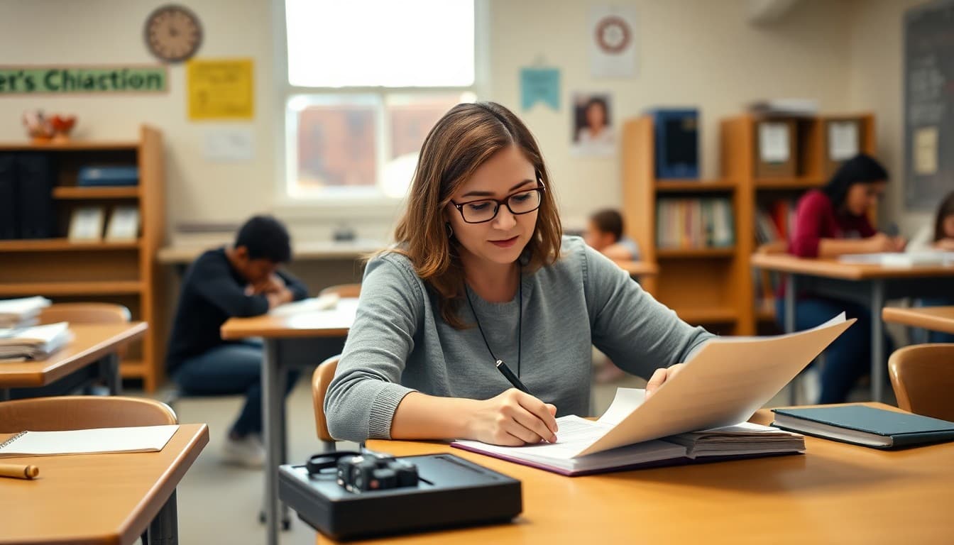 Middle school teacher in Mississippi writing parent newsletter at desk in classroom
