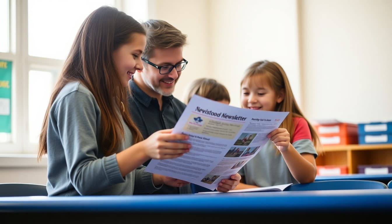 Middle school students and a parent reviewing a school newsletter together