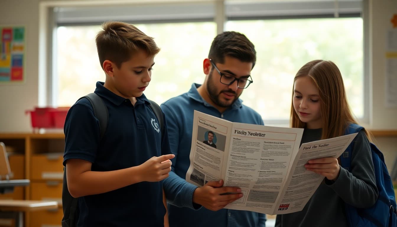 Middle school students and a parent reviewing a school newsletter together