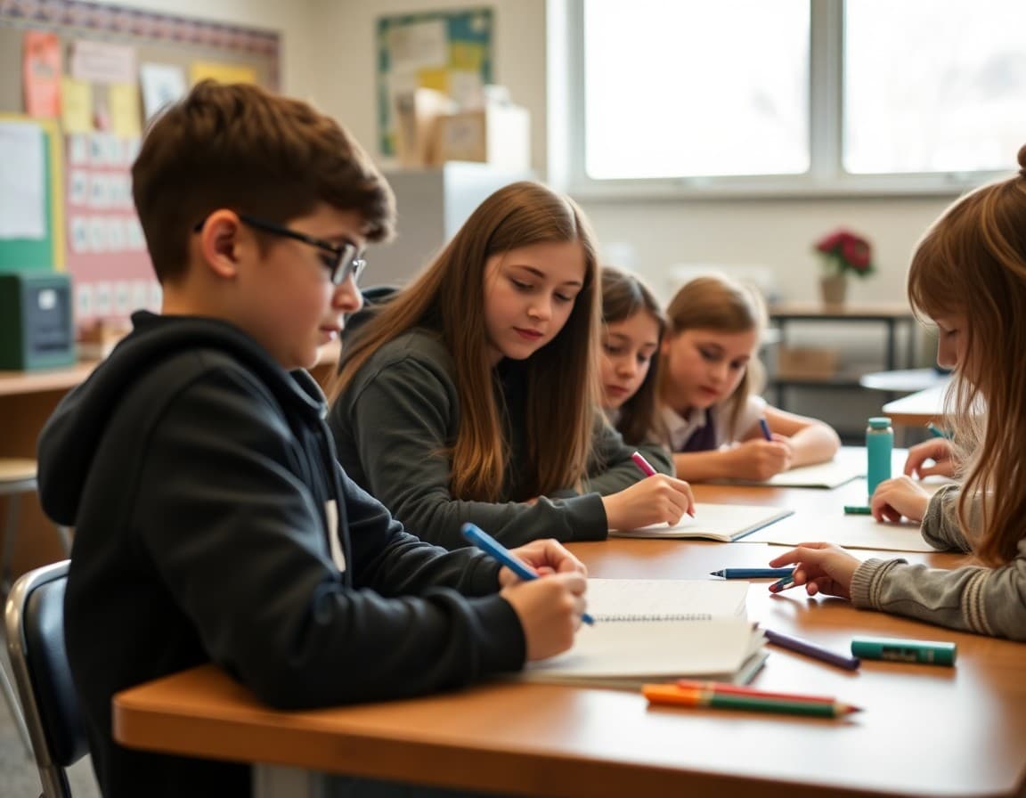 Nebraska middle school students engaged in collaborative classroom activity
