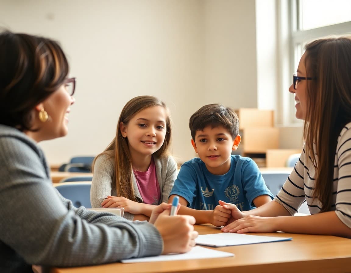 Parent and middle school student talking with a teacher at a conference