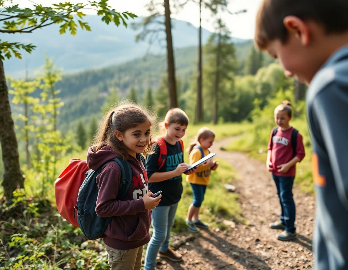 New Hampshire middle school students on outdoor learning activity near mountain trail
