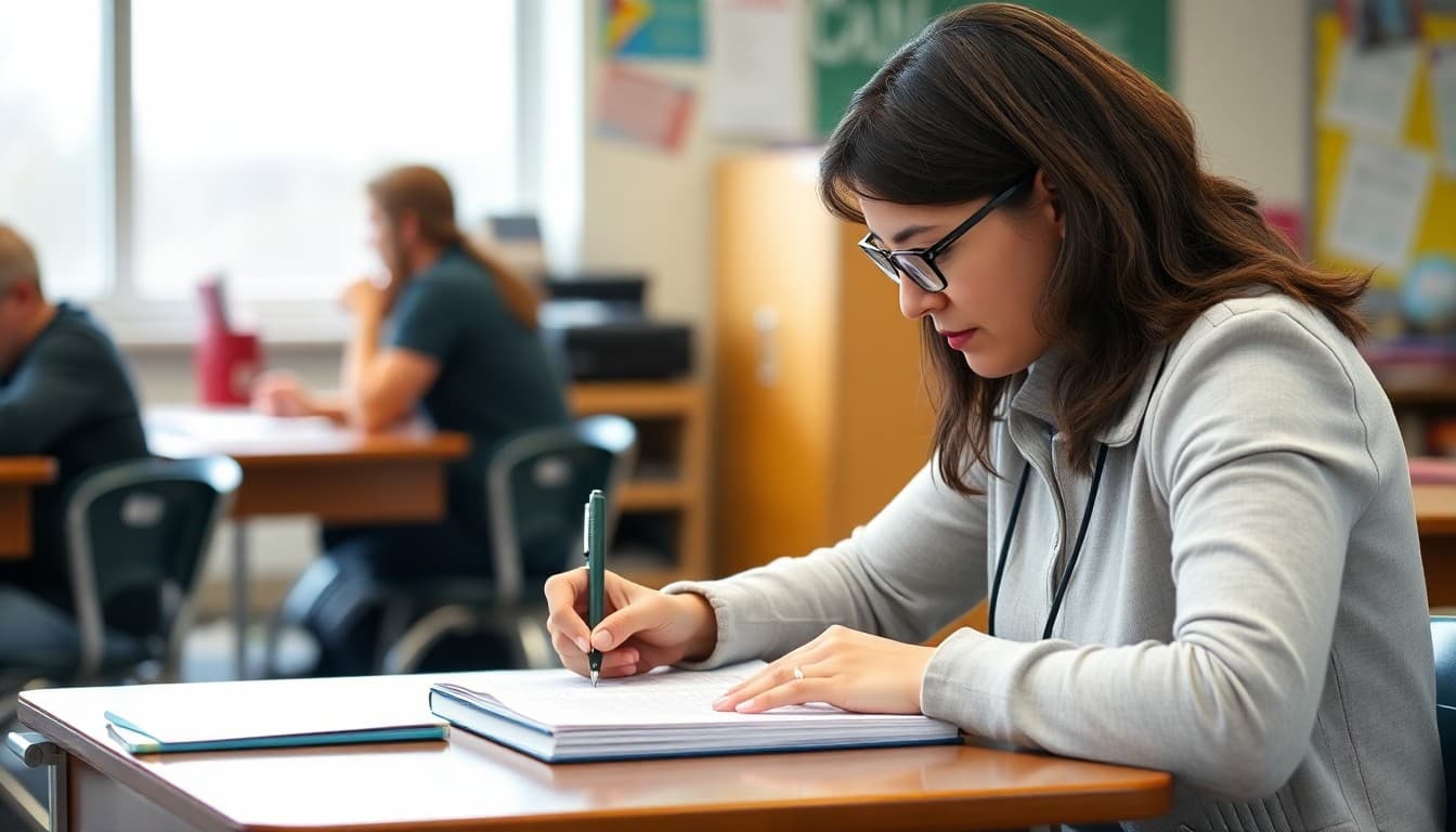 Middle school teacher in New Hampshire writing parent newsletter at classroom desk