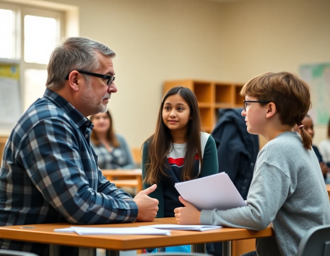 Parent and middle school student talking with a teacher at a conference