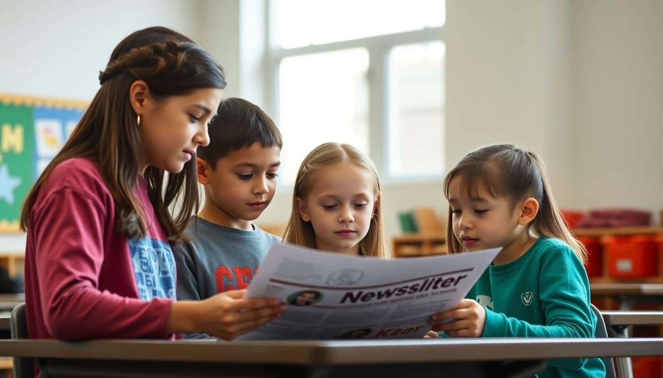 Middle school students and a parent reviewing a school newsletter together