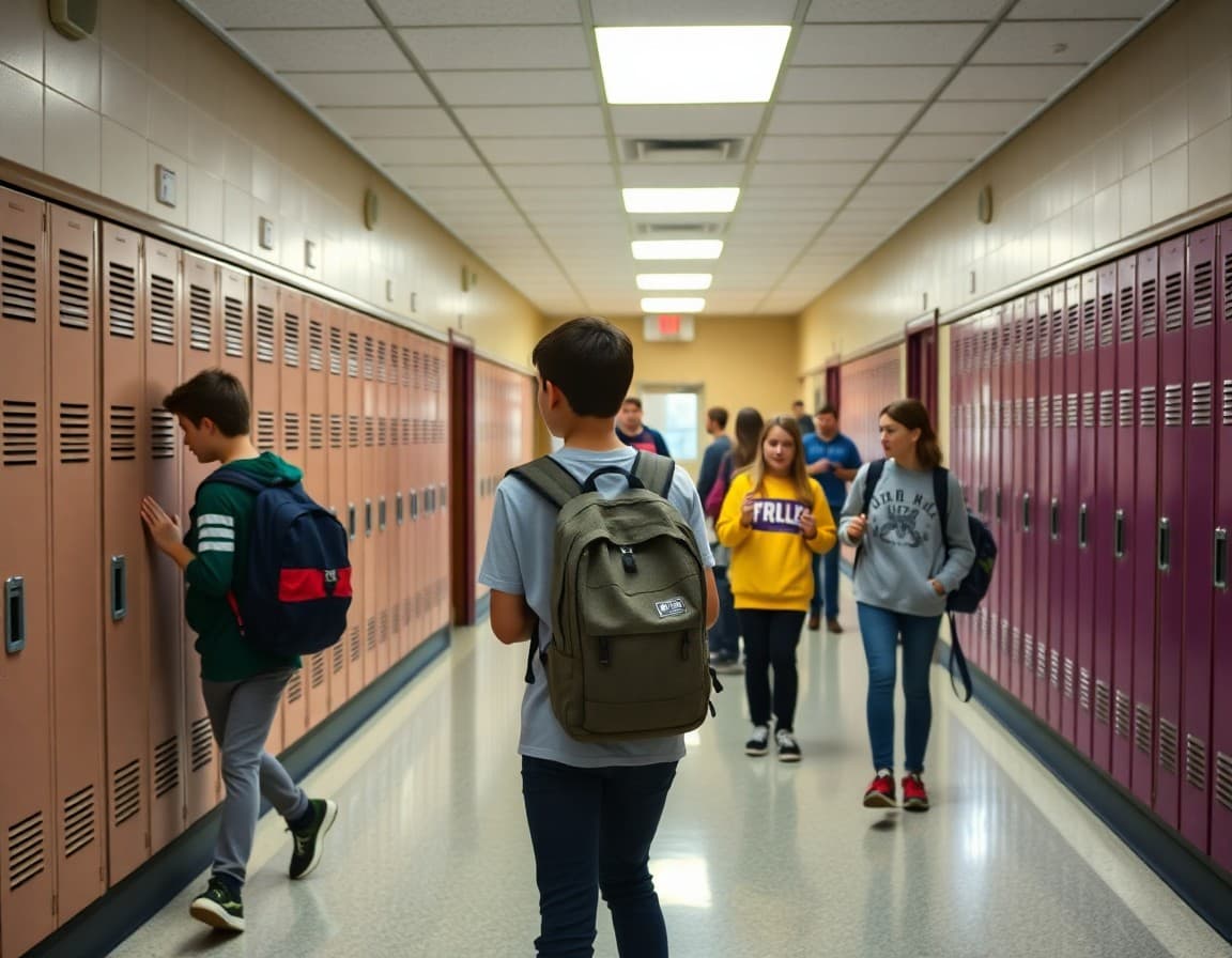 New Jersey middle school hallway with lockers and students changing classes