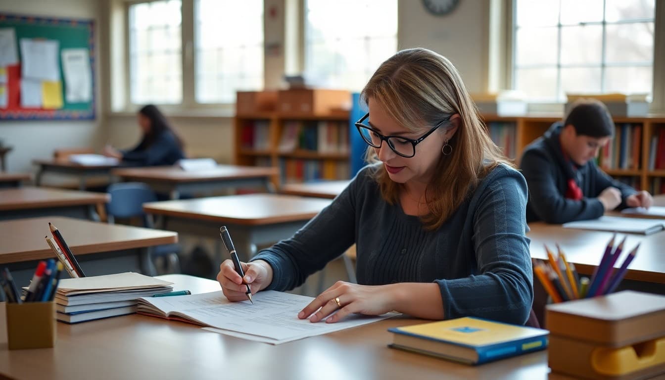 Middle school teacher in New Jersey writing a newsletter for parents at her desk