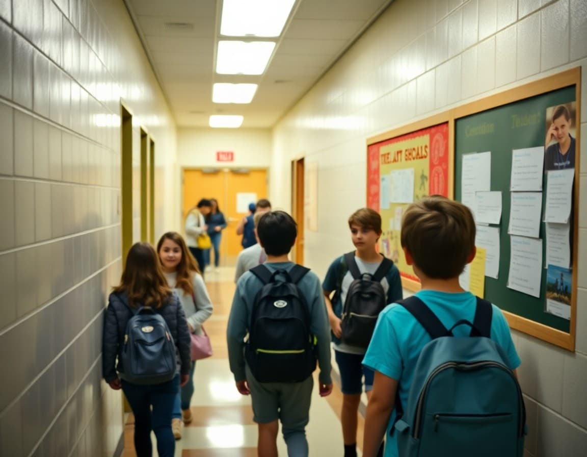 New Mexico middle school hallway with students and bulletin board displaying school activities