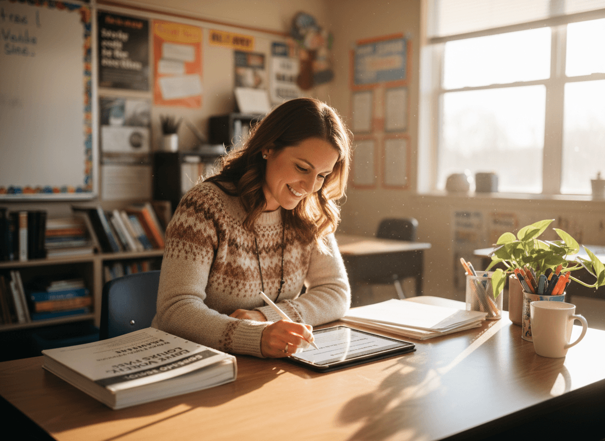 Eighth grade teacher writing November newsletter with high school course catalog on desk