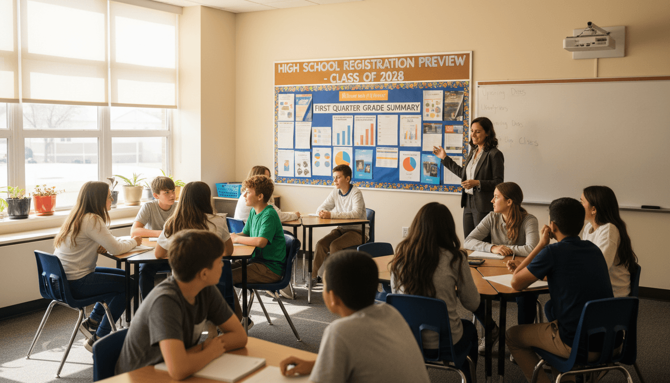 Eighth grade classroom November with high school registration preview board and first quarter grade summary