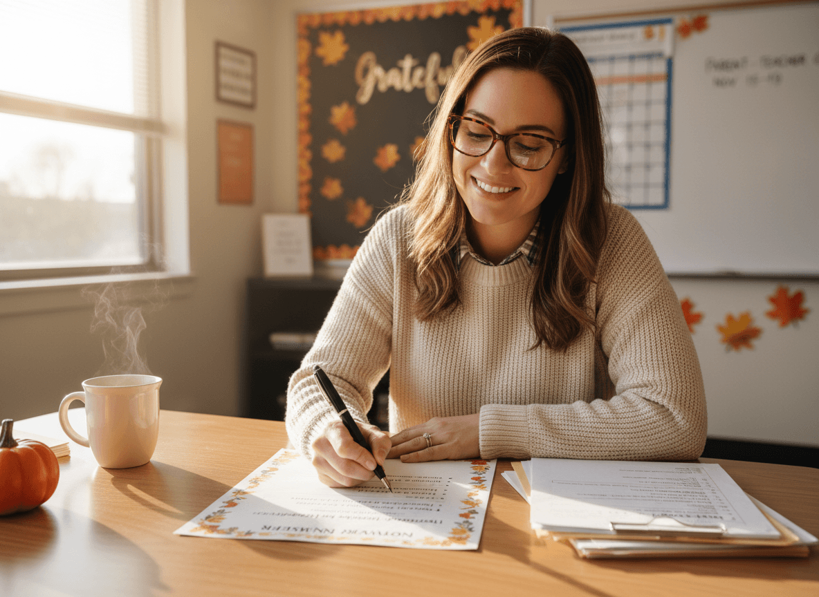 Teacher writing November newsletter with midterm grade summary and Thanksgiving break homework policy