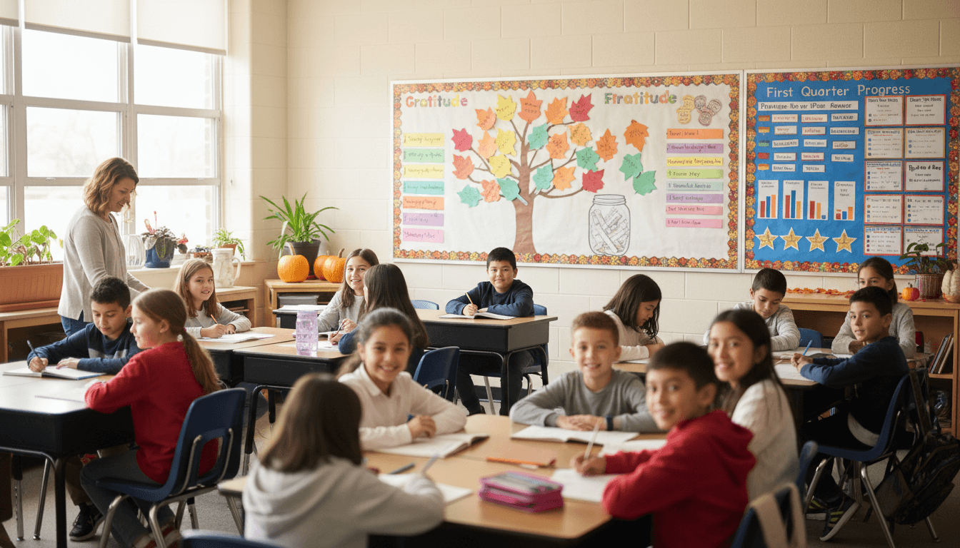 Seventh grade classroom November with student gratitude projects and first quarter progress charts on bulletin board