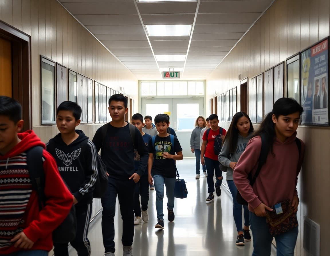 New York middle school hallway with diverse students changing classes between periods