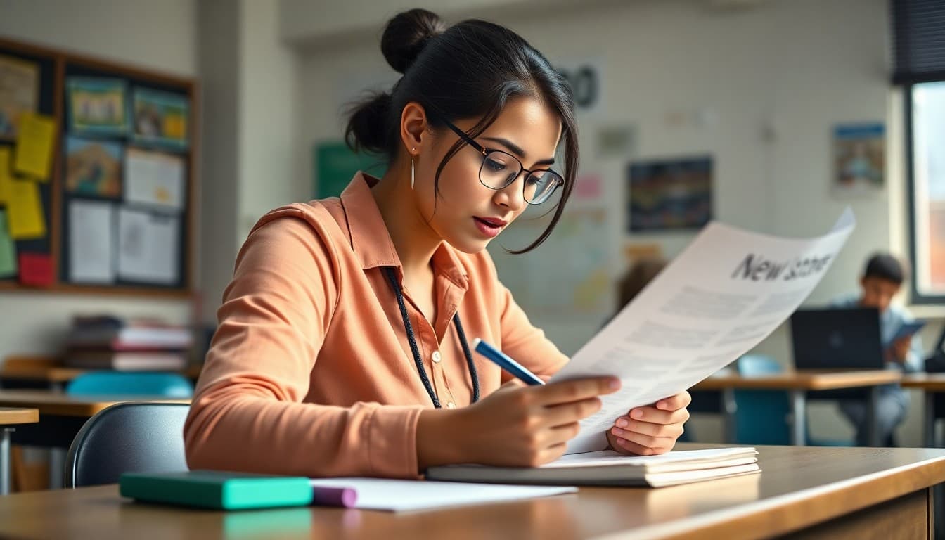 Middle school teacher in New York writing a newsletter for parents at a classroom desk