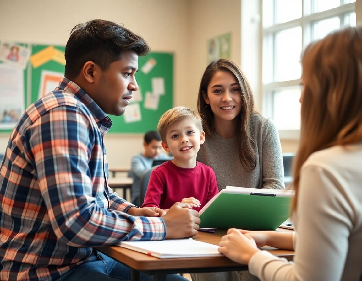 Parent and middle school student talking with a teacher at a conference