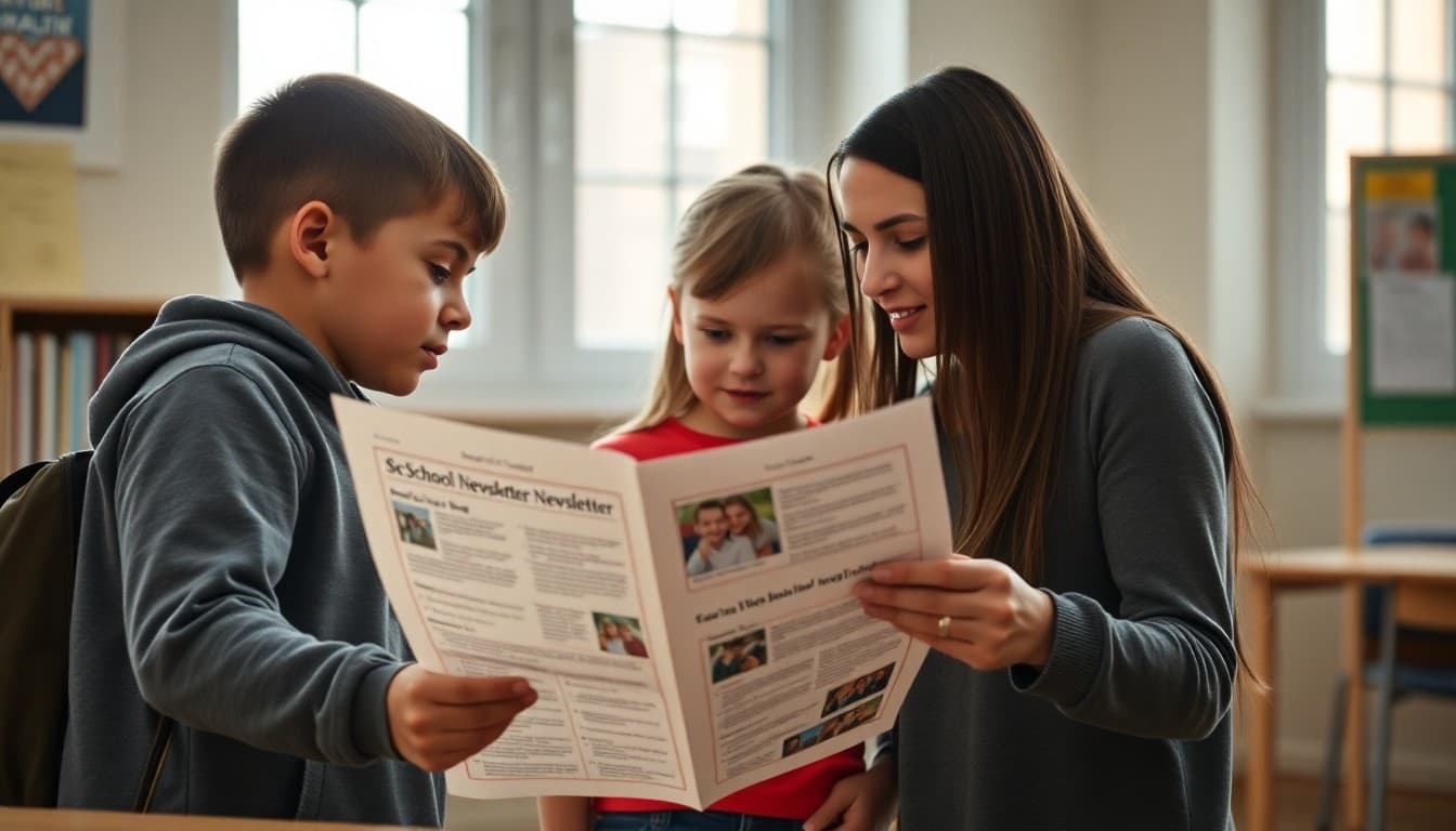 Middle school students and a parent reviewing a school newsletter together