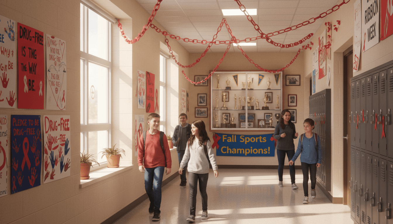 Middle school hallway in October decorated for Red Ribbon Week with student artwork and fall sports trophy display