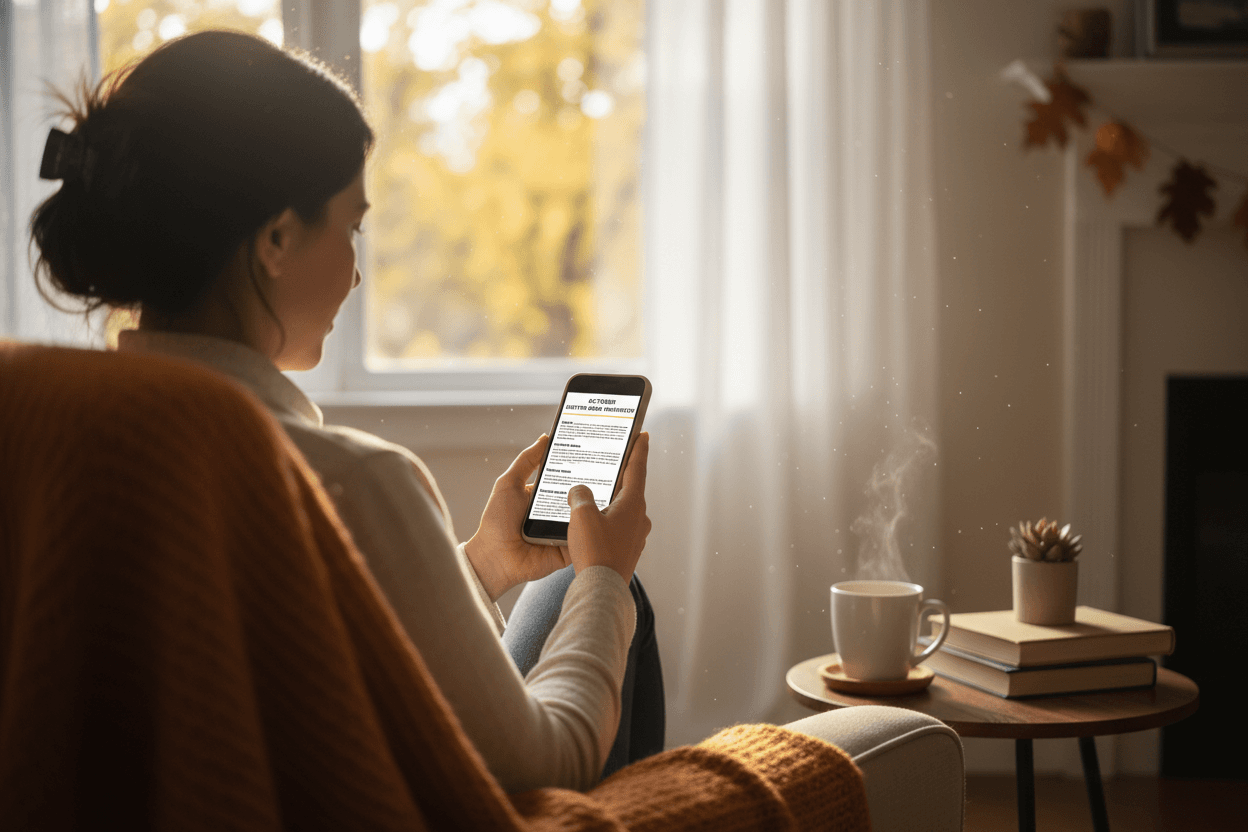 Parent reading October school newsletter on phone at home