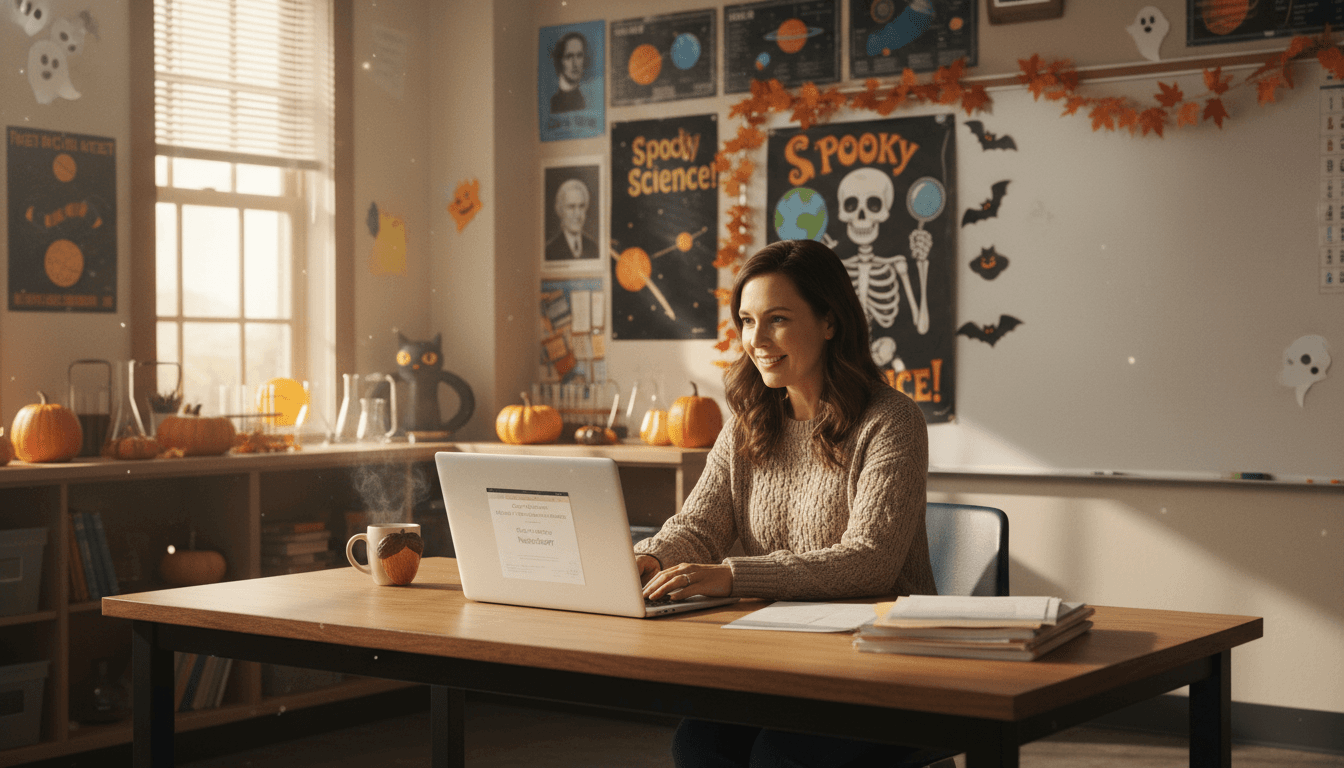 Sixth grade classroom teacher at desk in October, bulletin board visible