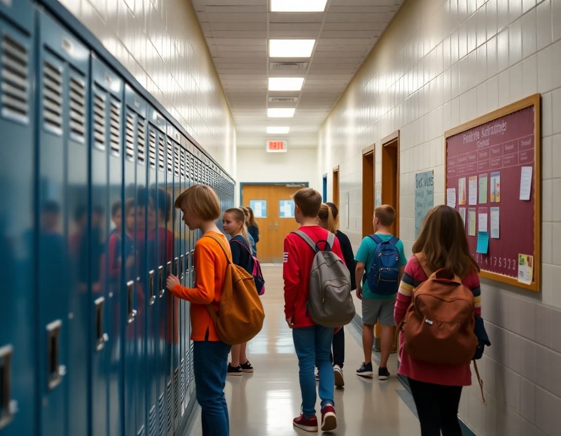 Ohio middle school hallway with students near lockers and a bulletin board with school activities
