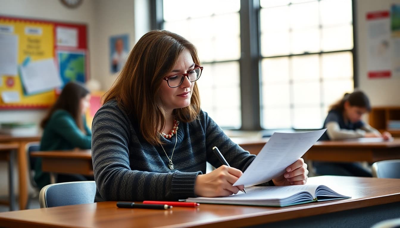 Middle school teacher in Ohio writing a newsletter for parents at a classroom desk