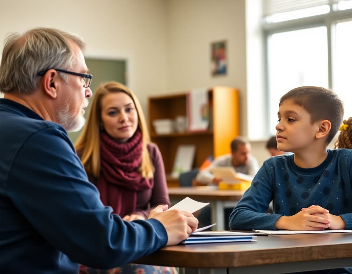 Parent and middle school student talking with a teacher at a conference