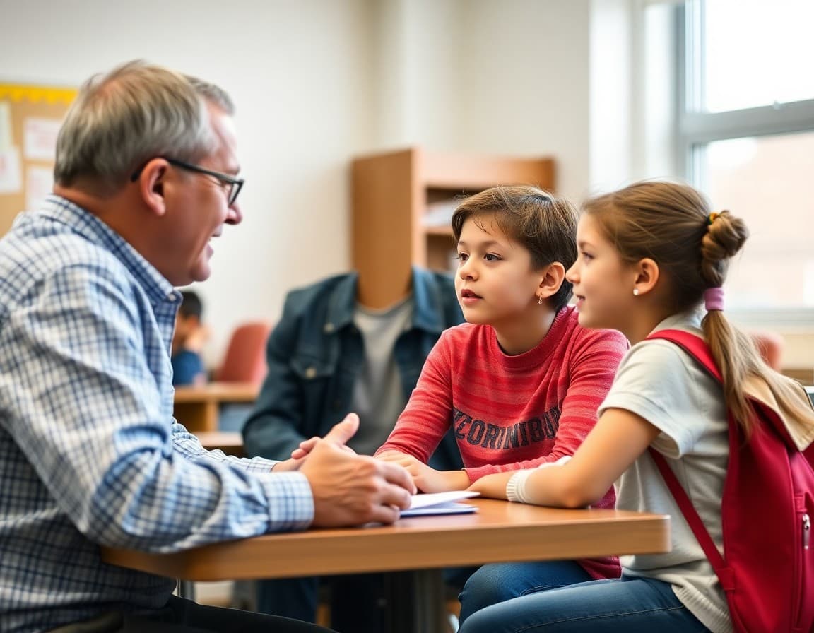 Parent and middle school student talking with a teacher at a conference
