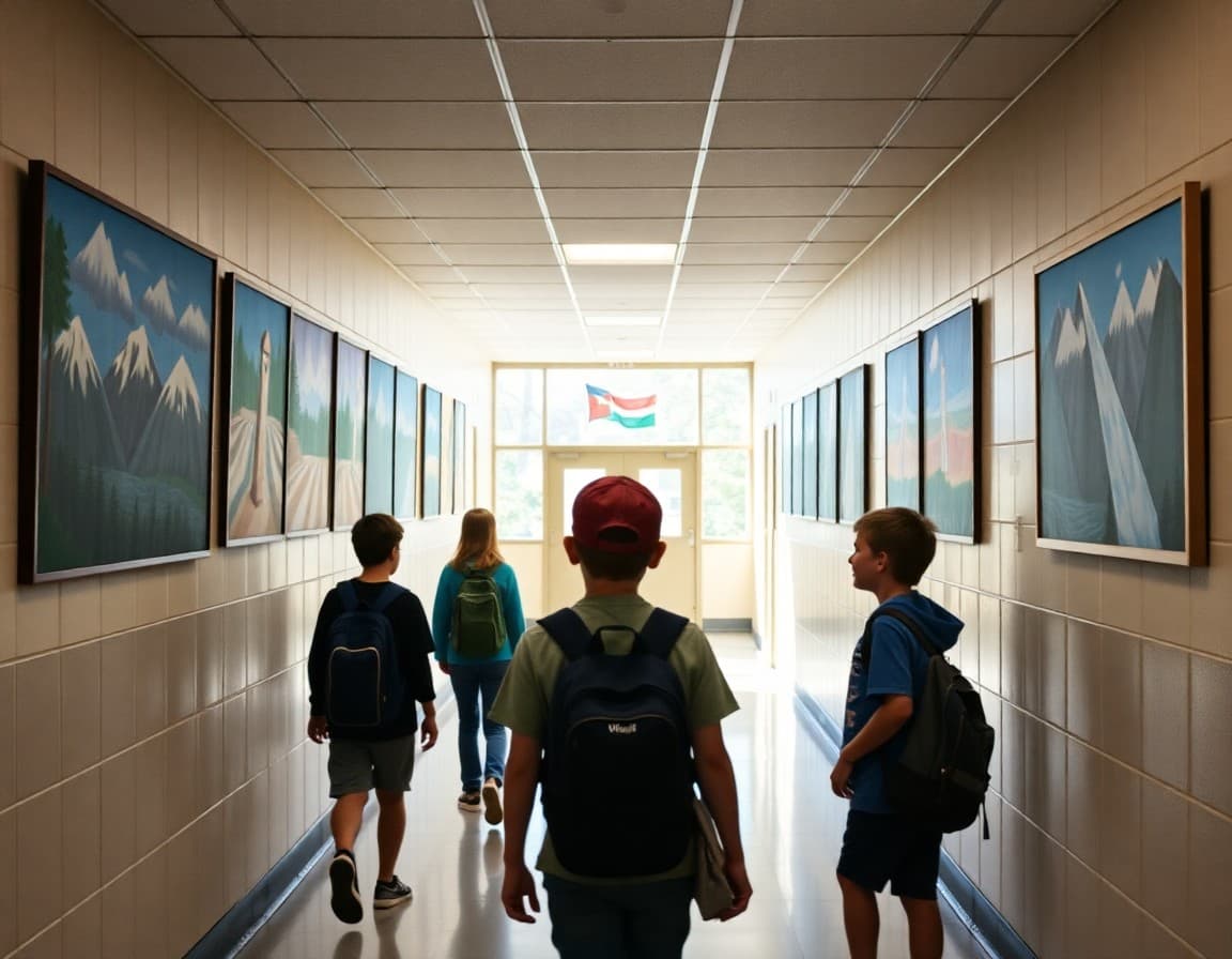 Oregon middle school hallway with students and Pacific Northwest artwork on the walls