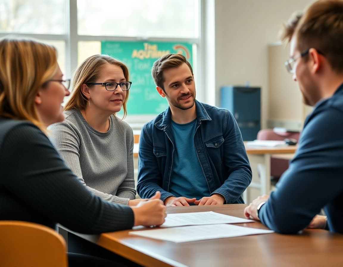 Parent and middle school student talking with a teacher at a conference