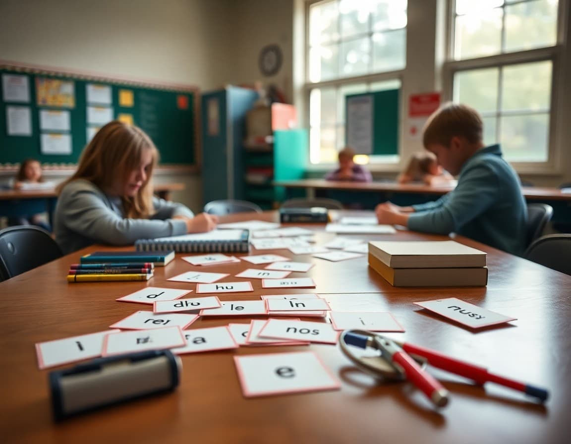 Phonics word cards and decoding tools spread out on a middle school intervention classroom table