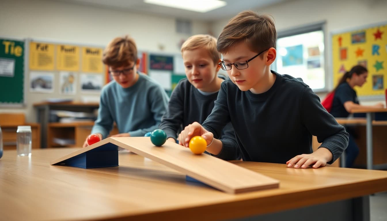 Middle school students running a physics experiment with ramps and rolling objects in science class
