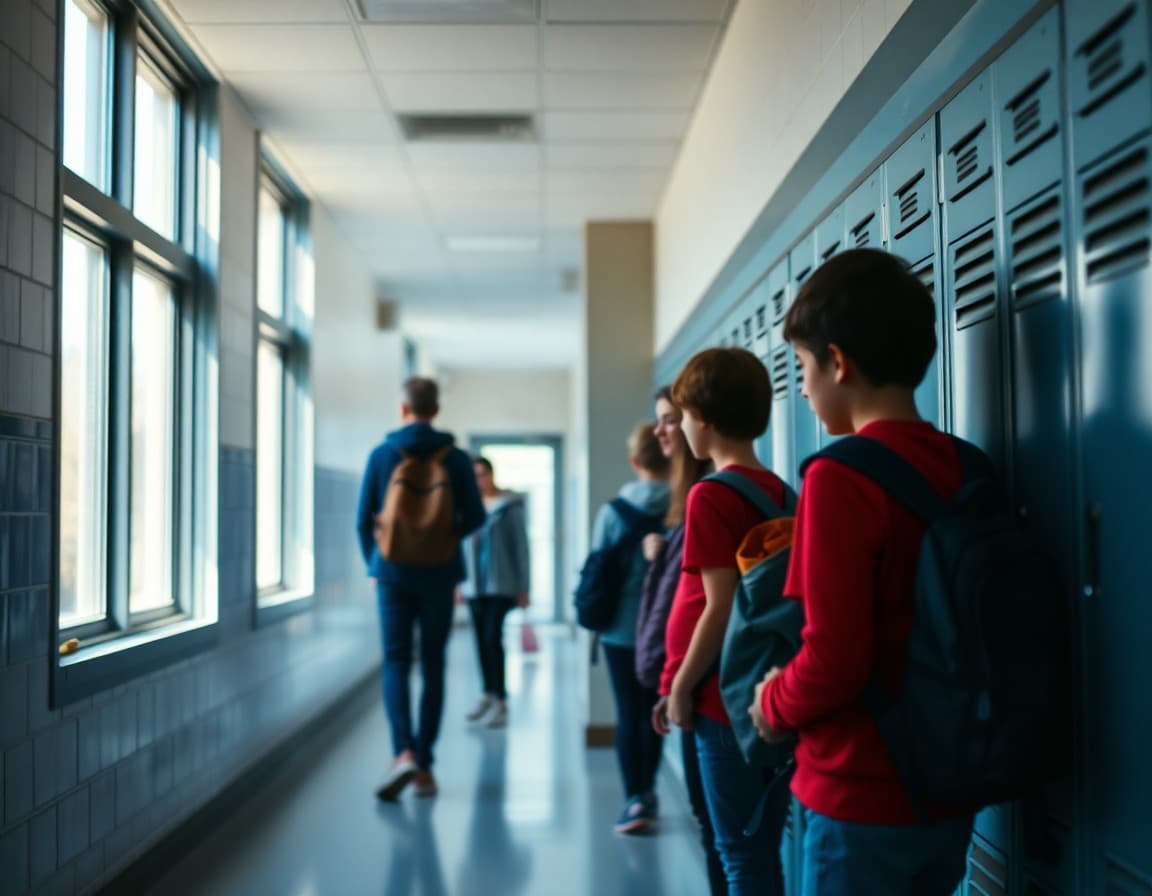 Rhode Island middle school hallway with students near lockers in a Providence school building