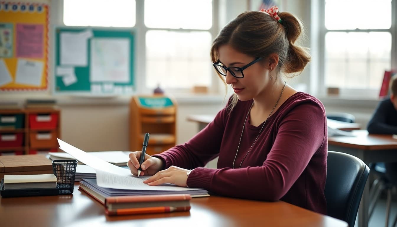 Middle school teacher in Rhode Island writing a newsletter for parents at her classroom desk