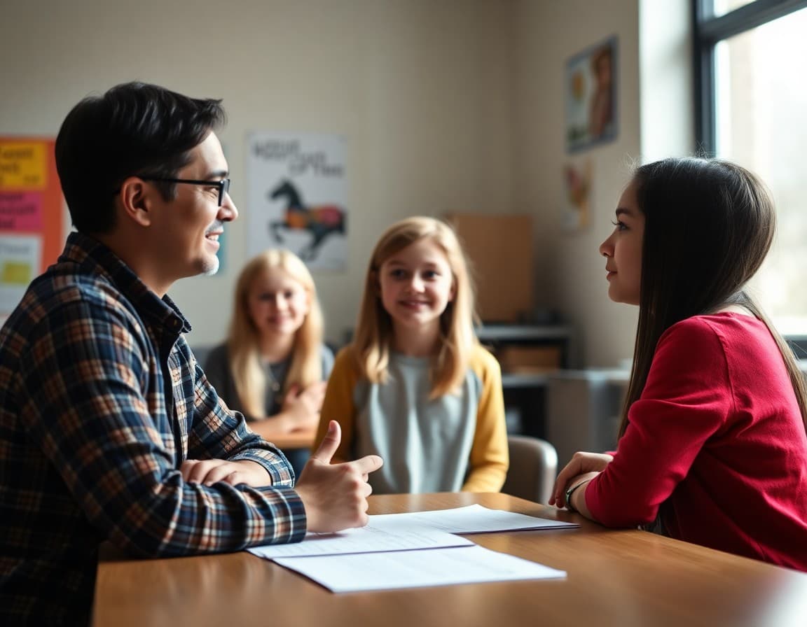 Parent and middle school student talking with a teacher at a conference