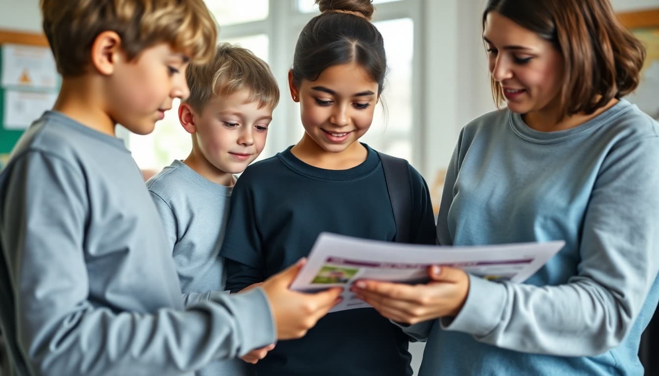 Middle school students and a parent reviewing a school newsletter together