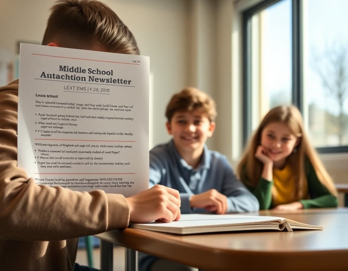 Middle school newsletter showing course updates, upcoming tests, and extracurricular announcements