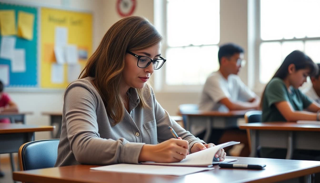 Middle school teacher in South Carolina writing a newsletter for parents at a classroom desk