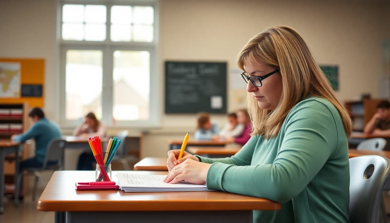Middle school teacher in South Dakota writing a newsletter for parents at a classroom desk