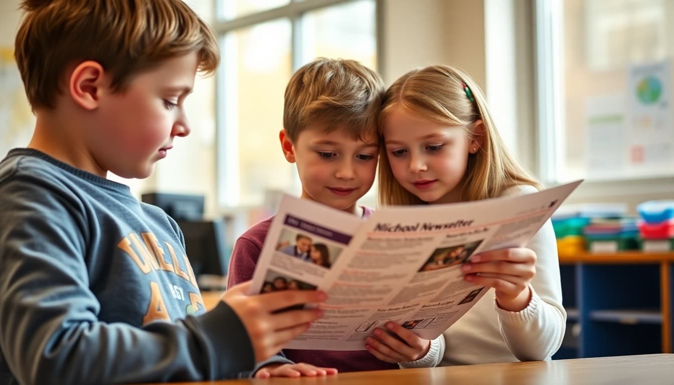 Middle school students and a parent reviewing a school newsletter together