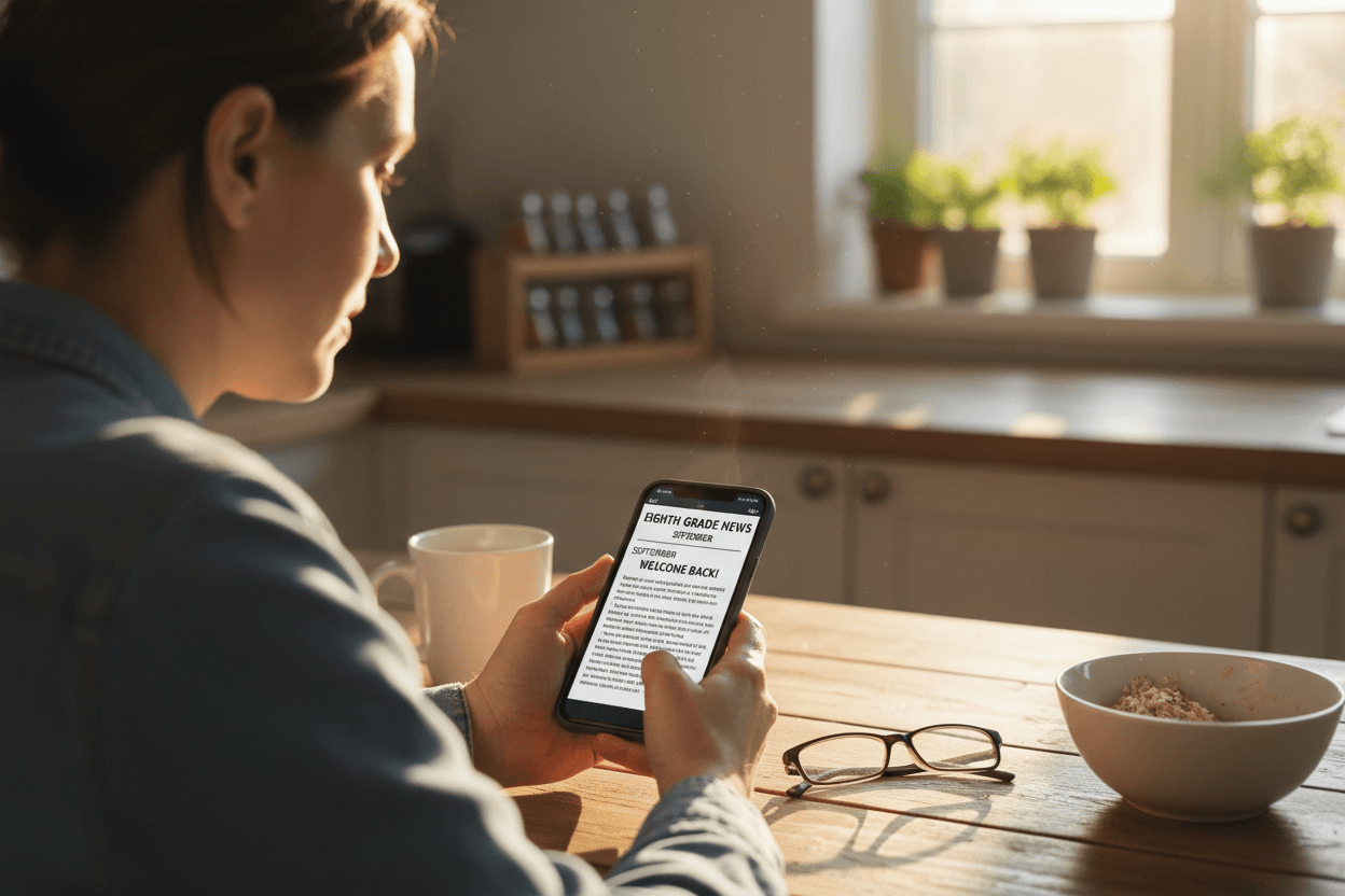 Parent reading September school newsletter on phone at home