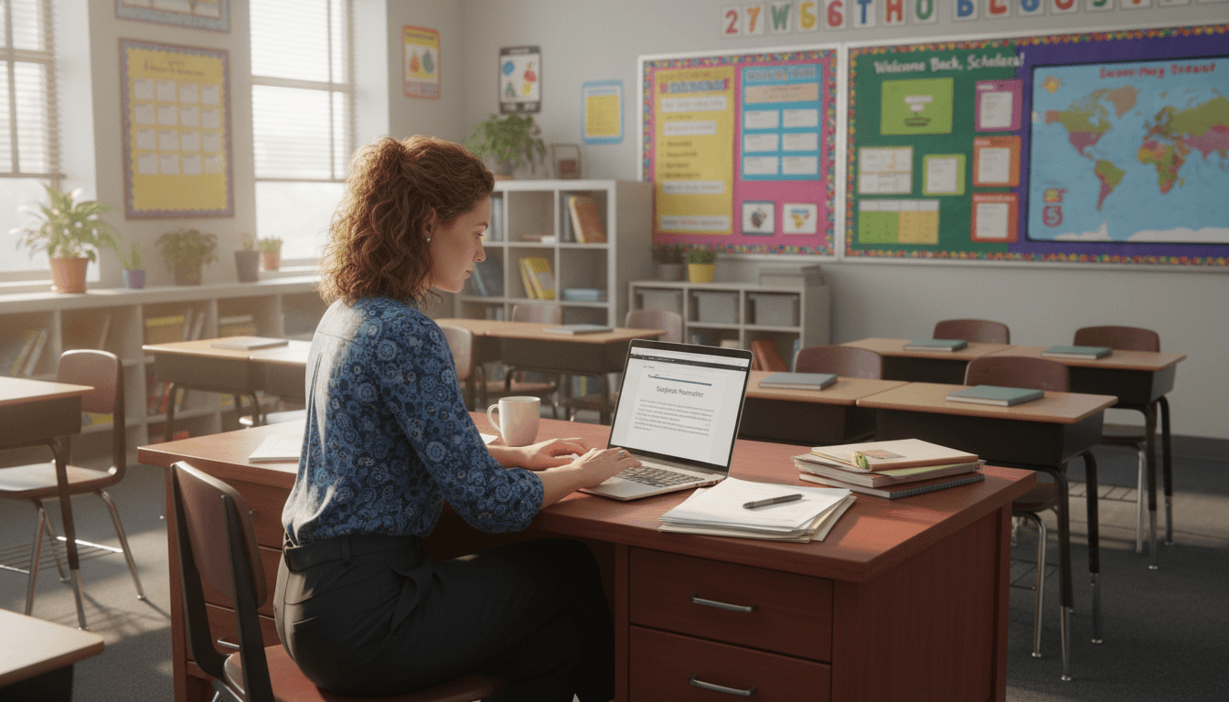 Eighth grade classroom teacher at desk in September, bulletin board visible