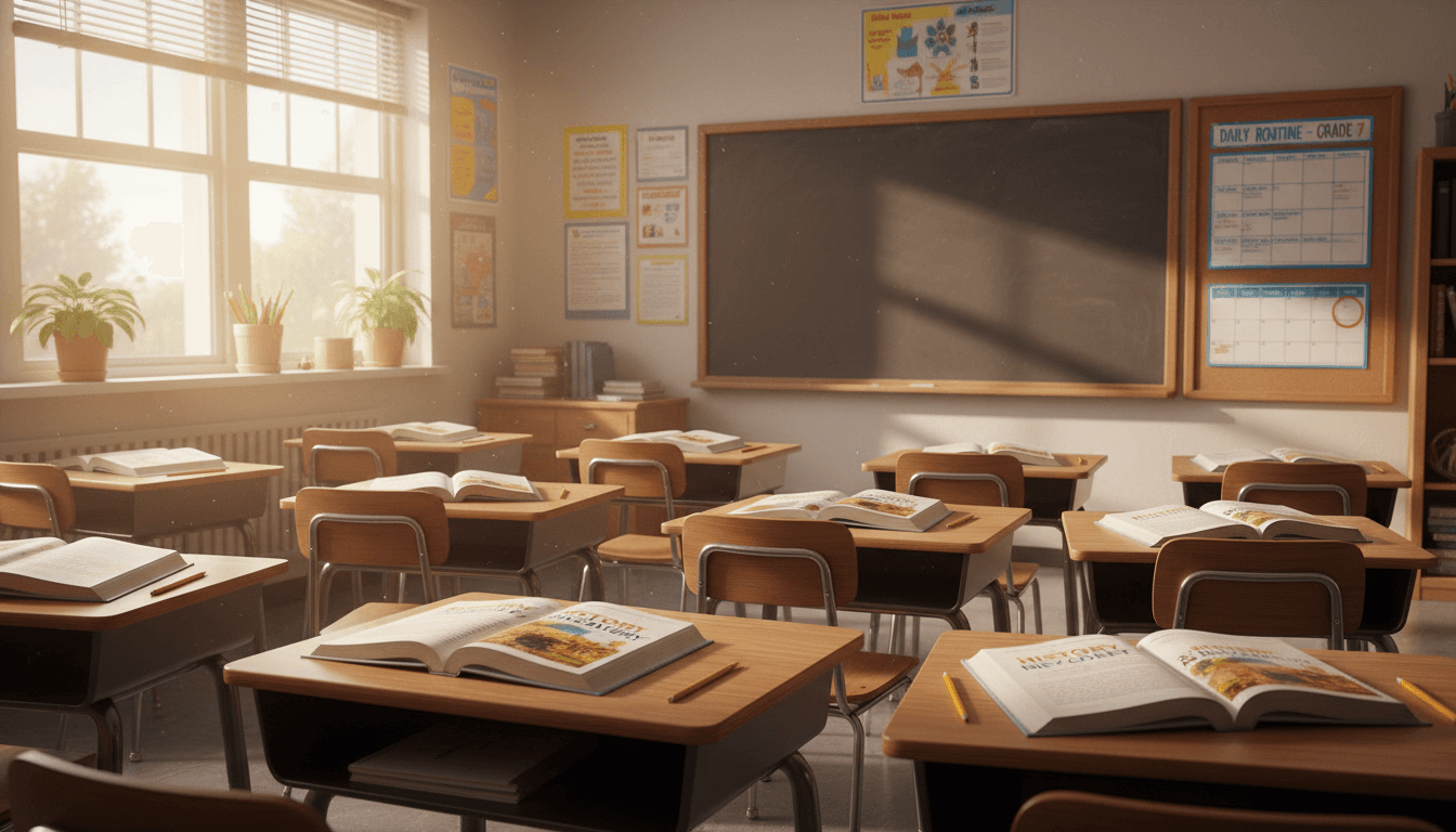 Middle school classroom in September with new textbooks open on desks and a class schedule posted on the wall