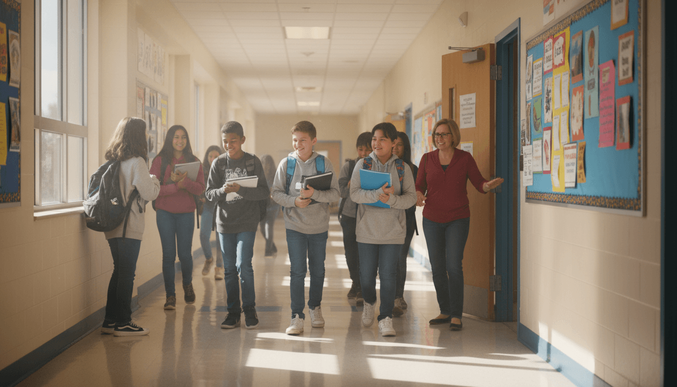Seventh grade students in a classroom hallway during a transition period