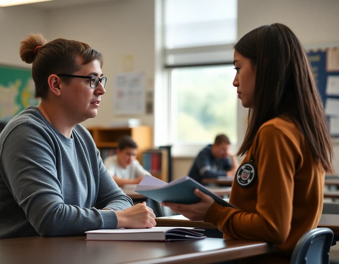 Teacher conferencing with a 7th grade student about their book report draft