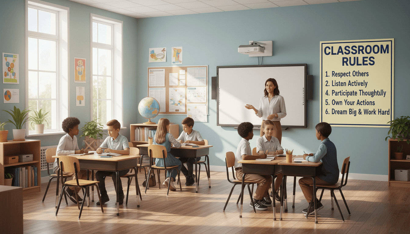 Seventh grade classroom with a clearly visible set of classroom rules posted on the wall